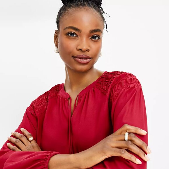 NWT LOFT Smocked Shoulder Tie Neck Women's Blouse 12/L Toasted Pink - Picture 3 of 7